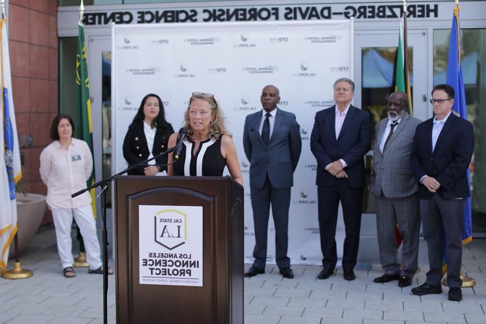 Paula Mitchell, director of the Los Angeles Innocence Project at Cal State LA, speaks during a news conference on Aug. 19