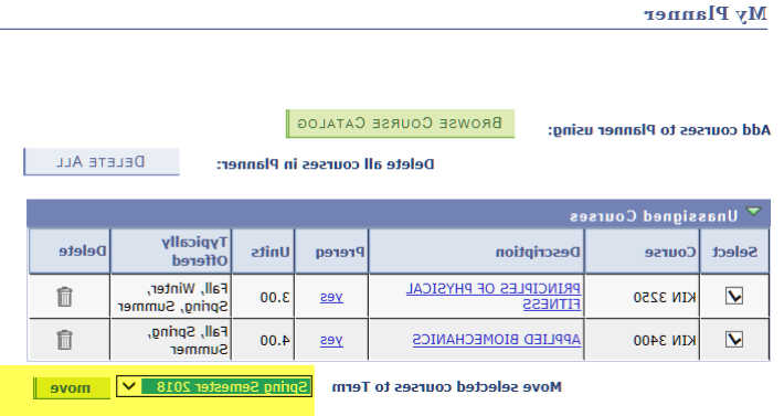 Unassigned Courses which includes highlighting on the Move Selected Courses to Term drop down and button