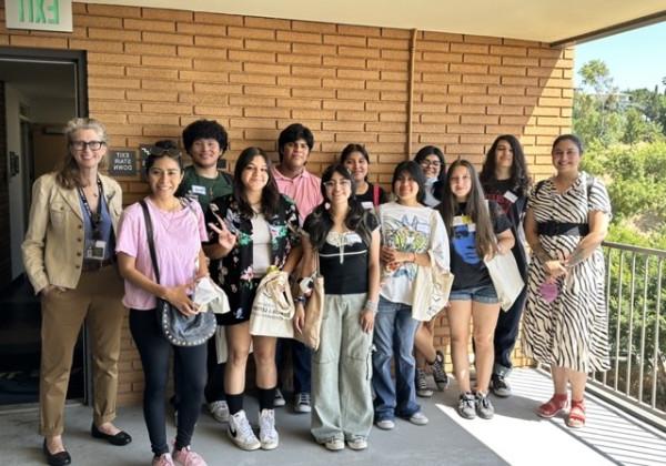 Intern group photo on the balcony of the Department of TV, Film, & Media Studies building with Program Manager Maya Mackrandilal, Coordinator Jessica Delgadillo, and Dr. Weiss. (from left to right)